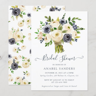 Floral Beige Navy Watercolor Peonies Bridal Shower Invitation