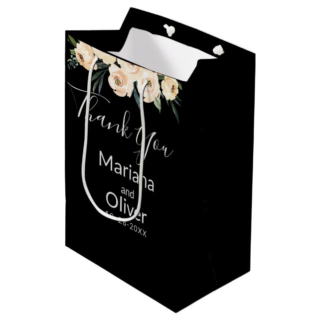 Floral Beige on Black and White Wedding Medium Gift Bag (Front Angled)