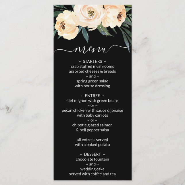 Floral Beige on Black Wedding Menu (Front)