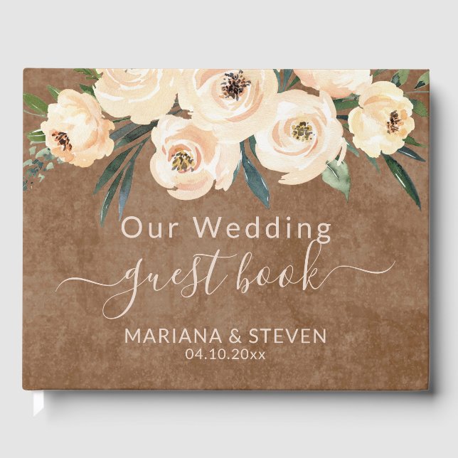Floral Beige on Brown Wedding Guest Book (Front)