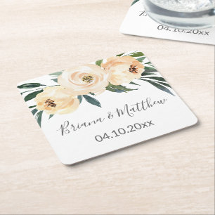 Floral Beige White Wedding Square Paper C Coaster