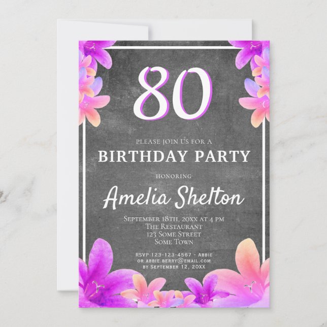 Floral Bellflowers Chalkboard 80th Birthday Party Invitation (Front)