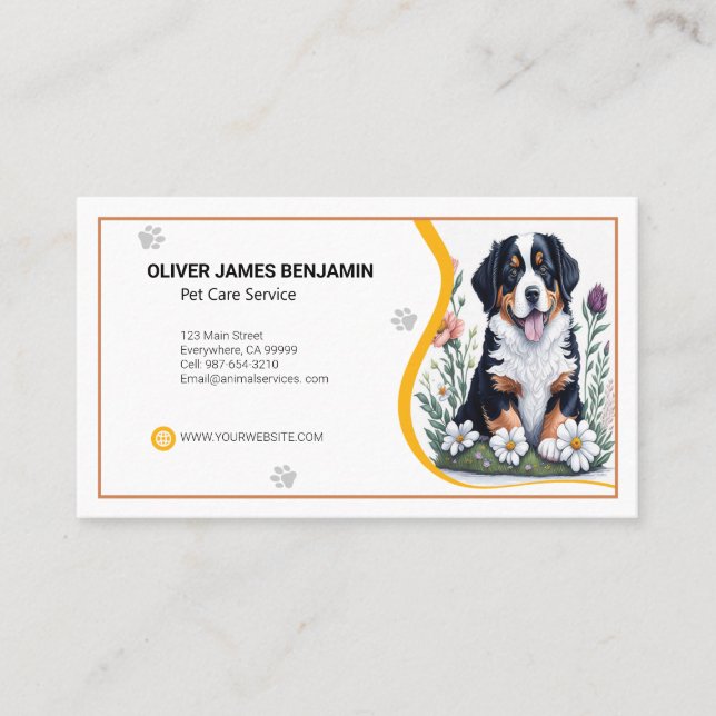 Floral Bernese Mountain Dog Pet Care Service Business Card (Front)
