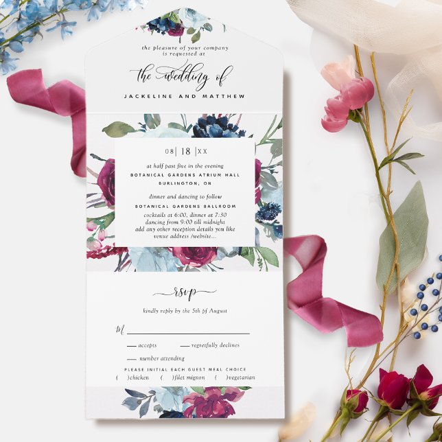 Floral Berry Blue Burgundy Wedding Tear Off RSVP All In One Invitation (Creator Uploaded)