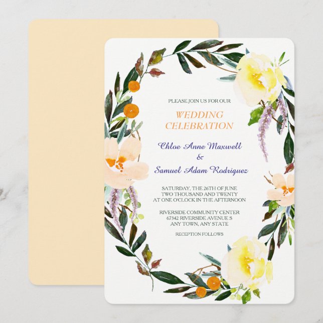 Floral Berry Wild Roses Wreath Wedding Invitation (Front/Back)