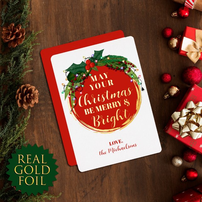Floral Berry Wreath Christmas Lights Gold Foil Holiday Card (Creator Uploaded)