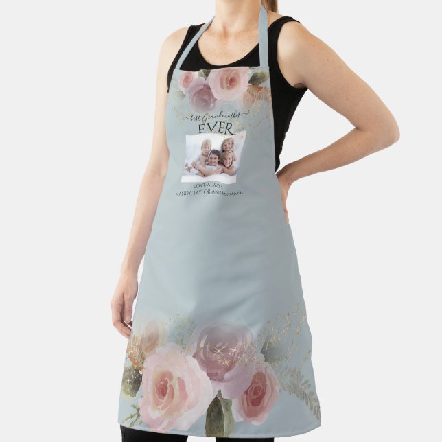 Floral Best Grandmother EVER Dusty Blue Watercolor Apron (Insitu)