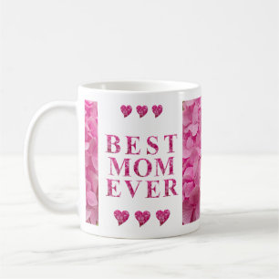 Floral Best Mom Ever, Pink Hydrangea & Cute Hearts Coffee Mug