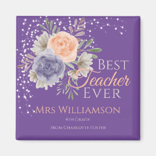 Floral Best Teacher Ever Peony Rose Purple Magnet