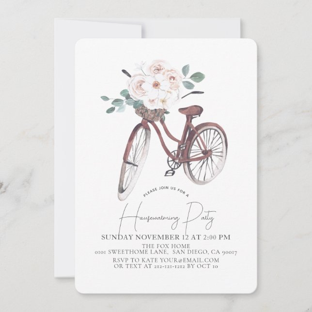Floral Bicycle Watercolor Housewarming Party Invitation (Front)