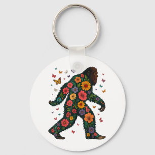 Floral Bigfoot Sasquatch Retro Colourful Flowers G Keychain