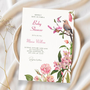 Floral bird art baby shower invitation