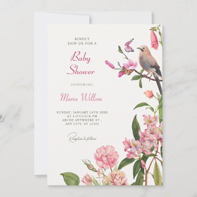 Floral bird art baby shower invitation (Front)