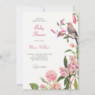 Floral bird art baby shower invitation