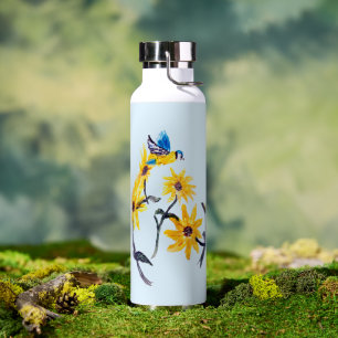 Floral Bird Art Yellow Sunflowers Water Bottle