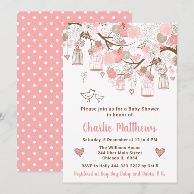 Floral Bird Cages Pink Baby Shower Invitation (Front/Back)
