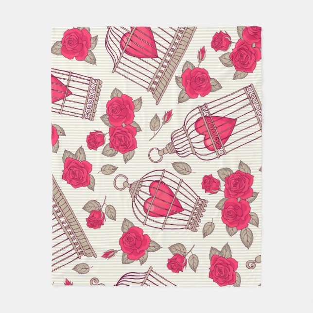 Floral Bird Cages Roses Pattern Fleece Blanket (Front)