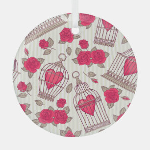 Floral Bird Cages Roses Pattern Glass Ornament