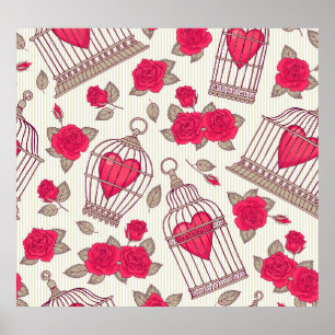 Floral Bird Cages Roses Pattern Poster