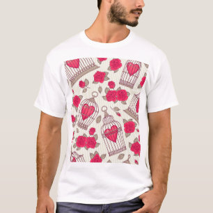 Floral Bird Cages Roses Pattern T-Shirt