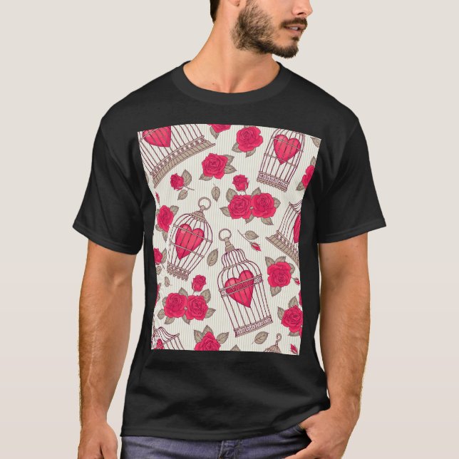 Floral Bird Cages Roses Pattern T-Shirt (Front)
