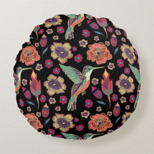 Floral Bird Design Nature-Inspired Artwork Round Pillow