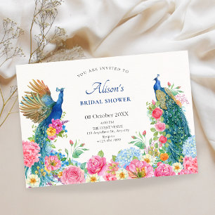 Floral bird peacock bridal shower invitation