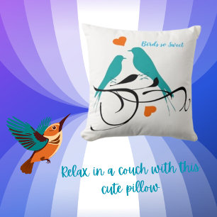 Floral & Bird Perched Swallow Heart Throw Pillow