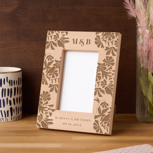 Floral Birds Custom Wedding Couple Monogram Photo Etched Frames (Left)