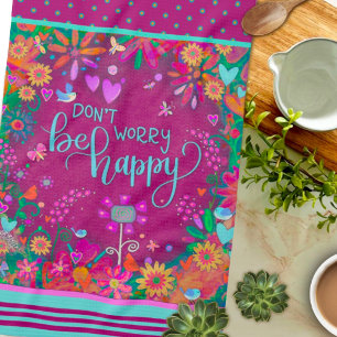 Floral Birds Fun Colorful Be Happy Quote Kitchen Towel