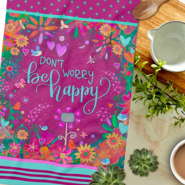 Floral Birds Fun Colourful Be Happy Quote Kitchen Towel (Creator Uploaded)