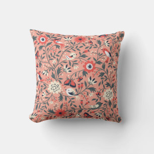 Floral Birds Hand Drawn Vintage Throw Pillow