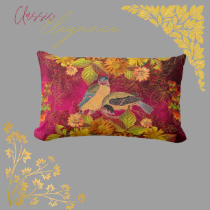 Floral & Birds Orange, Red, Yellow Cranberry  Lumbar Pillow