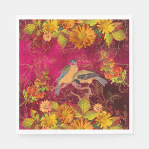 Floral & Birds Orange, Red, Yellow Cranberry  Napkin