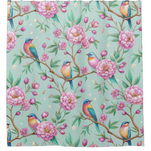 Floral Birds Pattern on Mint Background