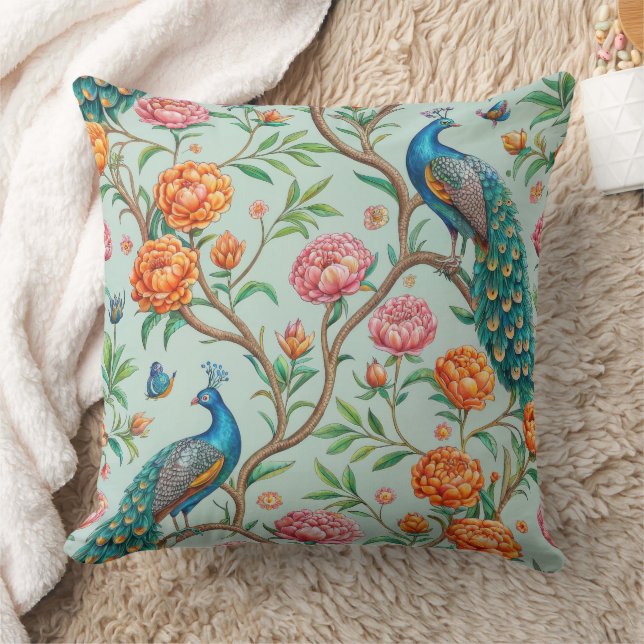 Floral Birds Pattern on Mint Background (10) Throw Pillow (Blanket)
