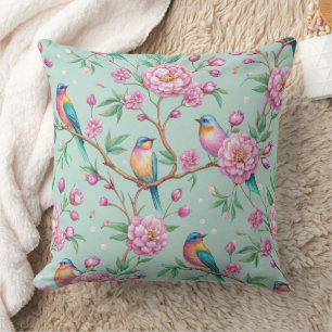 Floral Birds Pattern on Mint Background Throw Pillow