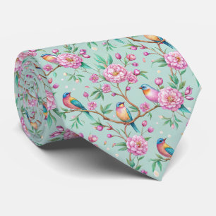 Floral Birds Pattern on Mint Background Tie