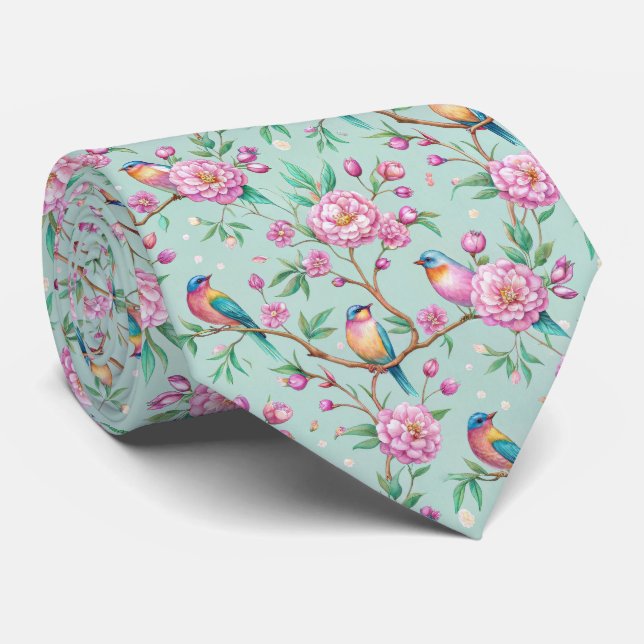 Floral Birds Pattern on Mint Background Tie (Rolled)