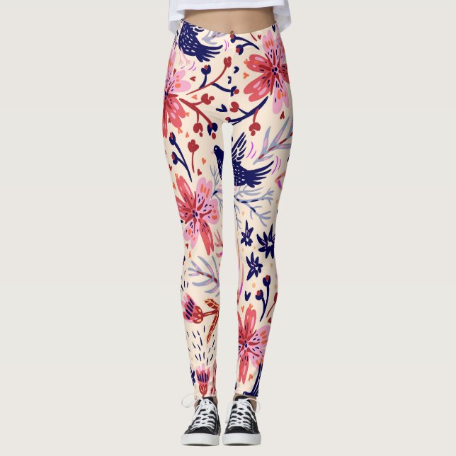 Floral, birds, vintage seamless pattern. leggings (Front)