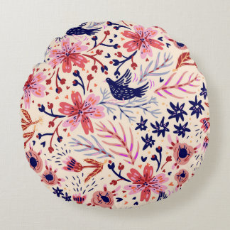 Floral, birds, vintage seamless pattern. round pillow