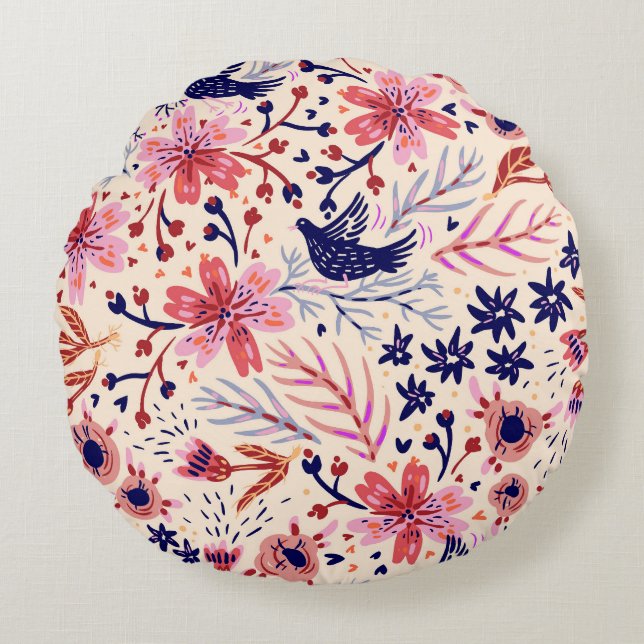 Floral, birds, vintage seamless pattern. round pillow (Front)