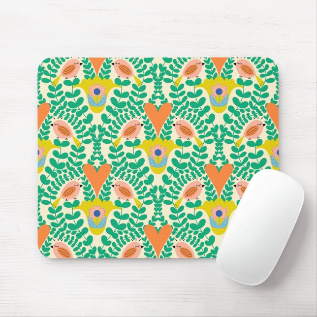Floral birds with hearts mouse pad (With Mouse)