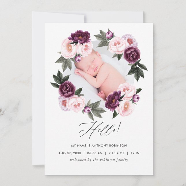 Floral Birth Announcement Photo Card (Front)