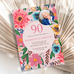 Floral Birthday 90th Photo Garden Party Invitation