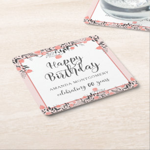 Floral Birthday ANY Age Rose Gold Blush Pink Name Square Paper Coaster