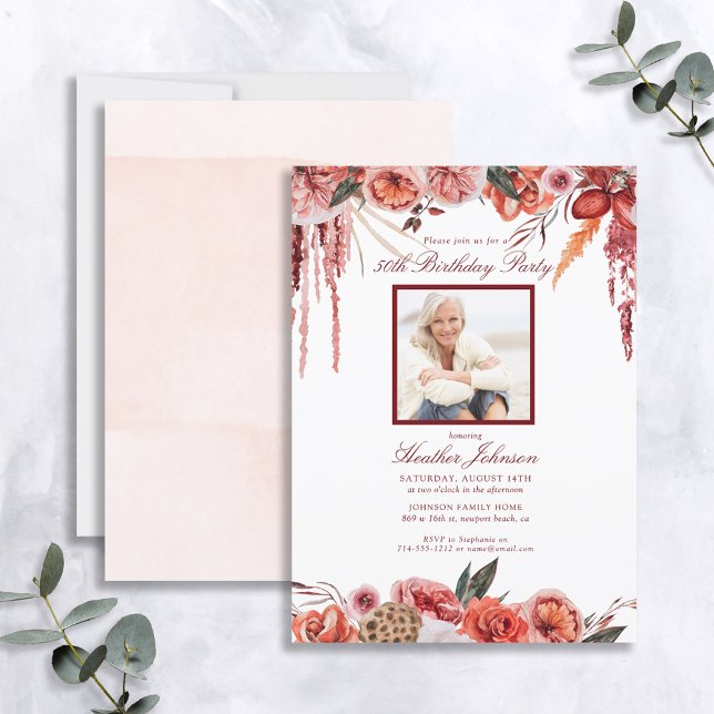 Floral Birthday Any Age Terracotta Photo Invitation (Creator Uploaded)