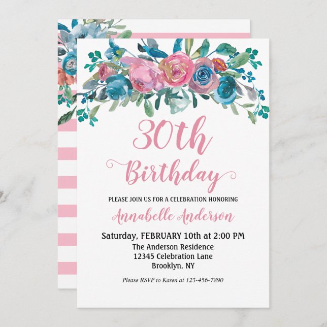 Floral Birthday Blue Pink Watercolor Rustic Modern Invitation (Front/Back)