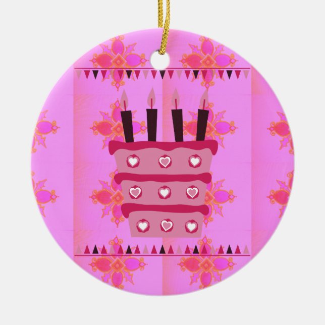 Floral Birthday Cake for Her/Girls Art Print Ceramic Ornament (Front)