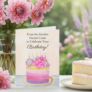 Floral Birthday Cake with Dahlia and Garden Insect Card
